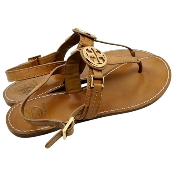 TORY BURCH~Everly~TAN LEATHER GOLD REVA LOGO FLAT THONG SANDALS SHOES~SIZE 10 - Picture 5 of 7